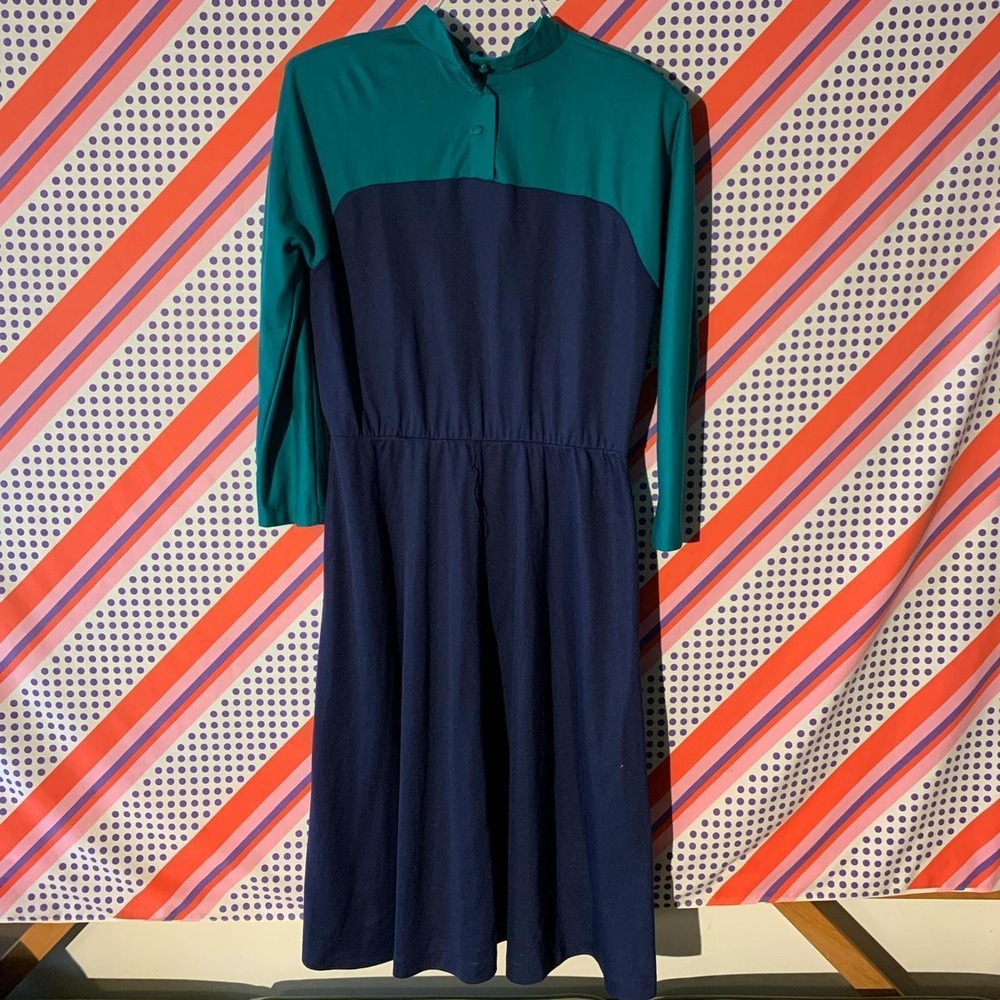 Willow Ridge Vintage 80s Colorblock Midi Dress Navy Green Womens 18 Belted